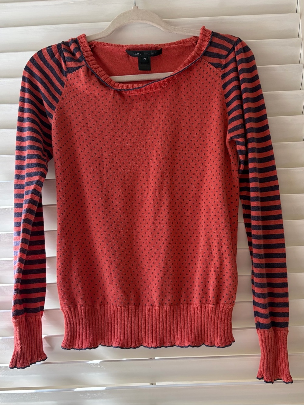 Marc Jacobs 2010s Coral Red Polka Dot Raglan Stripe Sweater
